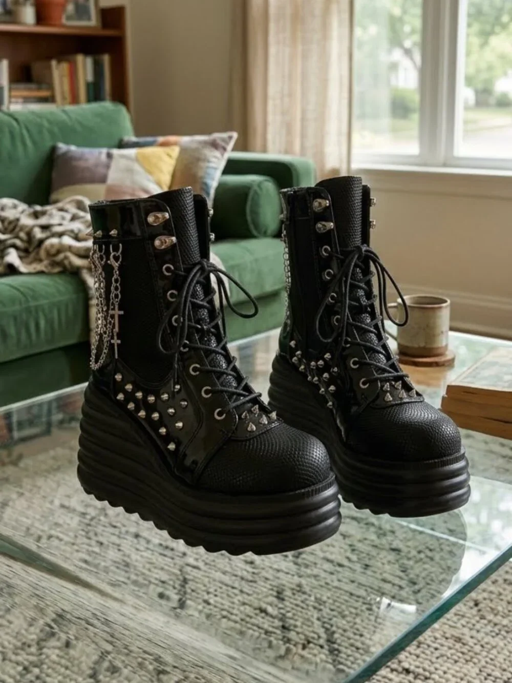 NIB Black Platform Goth Combat Boots Mesh Studded Punk Rave Ankle Booties